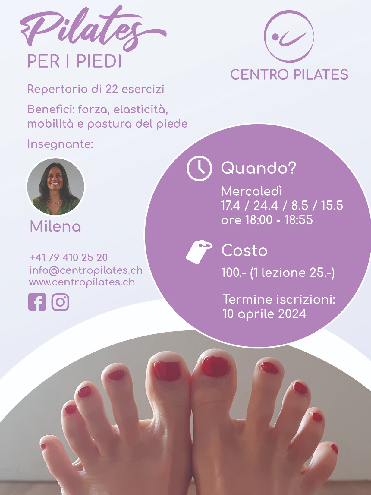 Corso Pilates per i piedi a Locarno in aprile 2024, Centro Pilates di Milena Jotti